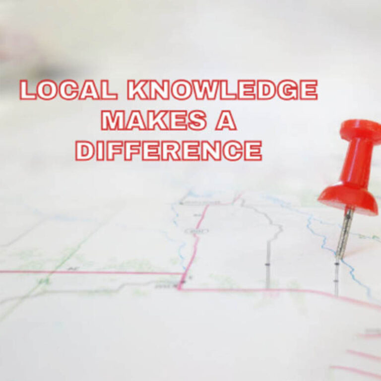 A red pushpin is placed on a map with the bold text "Local Knowledge Makes a Difference" in red above, conveying the importance of local expertise