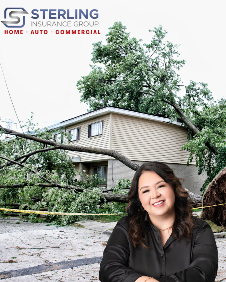 A person standing outside in front of a building with a large tree branch or fallen tree leaning over the structure behind them