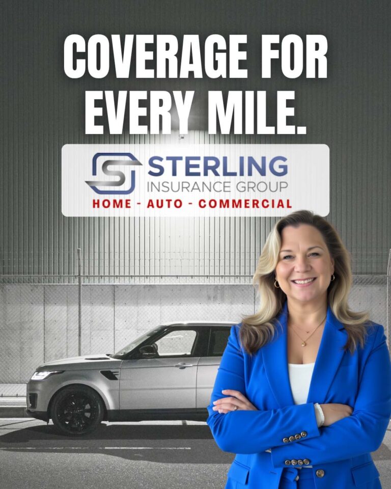 Sheryl Sterling promoting home auto insurance, showcasing a friendly and professional demeanor in a modern office setting
